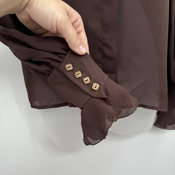 Vintage Augie Ruffle Neck Sheer Button Up Blouse S/M* Chocolate Brown Victorian - Picture 7 of 12